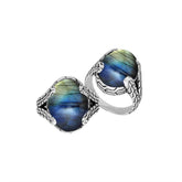 Sterling Silver oval Labradorite cabochon ring with Balinese engraved silver band, handcrafted in Bali